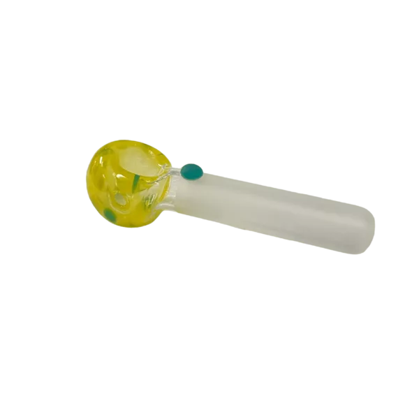 Frosted Jellyfish smoking pipe with yellow and green handle, small flat bottom and clear smoke.