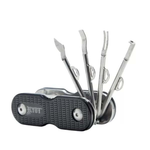 Multi-functional tool with knife, screwdriver, and bottle opener. Black handle and silver body. High-quality image.