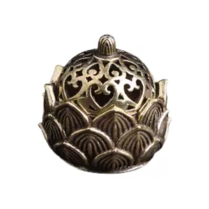Antique-inspired incense holder with intricate floral design and bronze finish. Features a carved lotus flower in the center and abstract petal-like designs on the outer surface.
