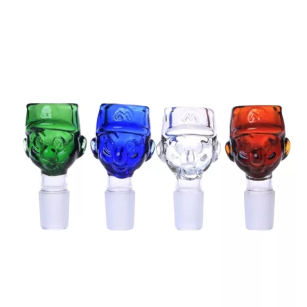 5 unique glass smoking pipes with face-shaped heads and colored bases (blue, green, yellow, orange, purple).