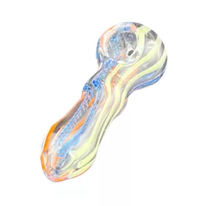 Tri Stripe HP-ACHP140 glass pipe with colorful swirl design, featuring two bowls connected by a long, curved stem with a small knob on the end.