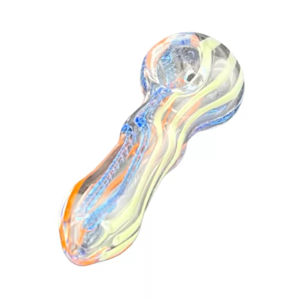 Tri Stripe HP-ACHP140 glass pipe with colorful swirl design, featuring two bowls connected by a long, curved stem with a small knob on the end.