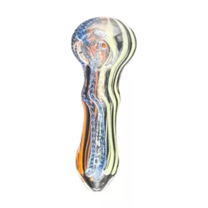 Clear glass pipe with swirled blue, green, and orange design. Long, curved shape. Small, round bowl and stem with clear glass knob and ring. 'Tri Stripe HP- ACHP140' listed.