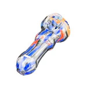Colorful glass pipe with blue, orange, and white criss cross design, narrower tip - ACHP163.