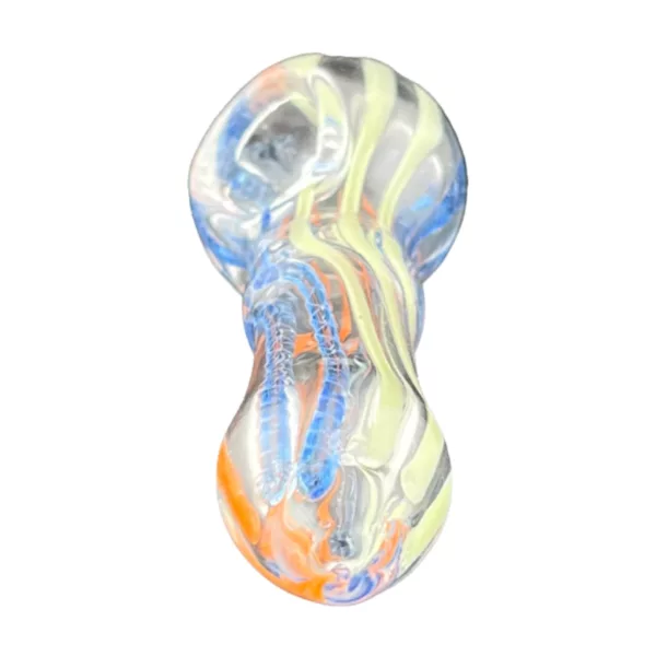 A glass sculpture of a human figure with a transparent body and blue and orange swirl pattern on its skin, standing in a relaxed position with its arms outstretched. The background is white.