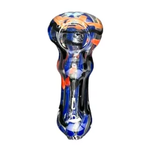 Thick Stripe Criss Cross-ACHP163 glass pipe with abstract blue, orange, and red design, featuring two bowls connected by a long tube and sleek modern appearance.