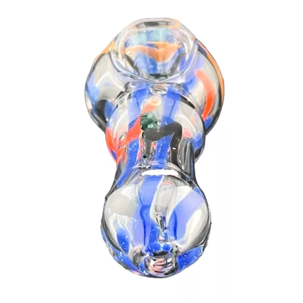 Glass water pipe with blue stem and bowl, orange percolator with criss cross pattern. Thick Stripe Criss Cross- ACHP163.
