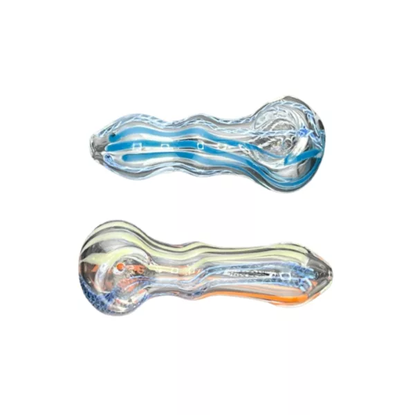 Glass pipe with spiral design in blue, orange, and yellow on a white background.