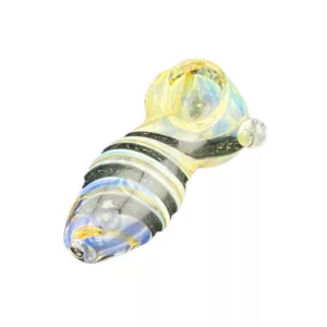 Yellow and black striped glass pipe with small, round base and long, curved neck. Mouthpiece shaped like a small, curved tube. Made of clear glass.