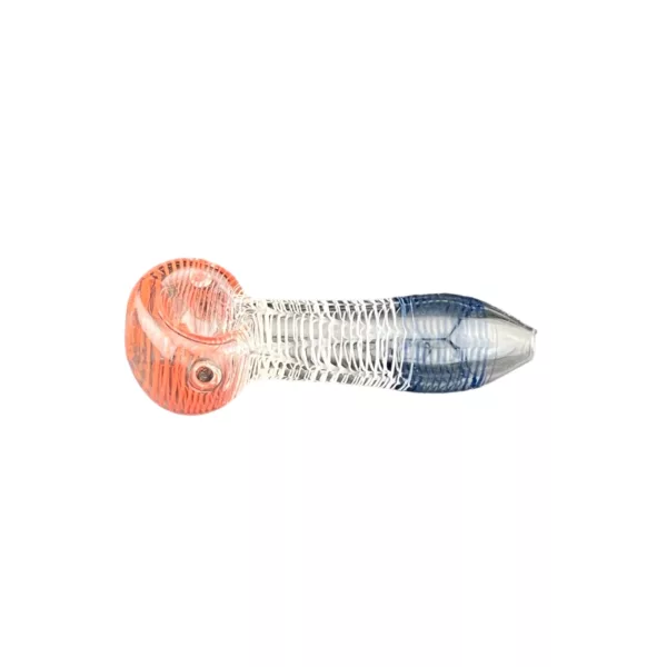 Glass pipe with blue and orange striped design, small round base and long curved metal stem. Sitting on white background.