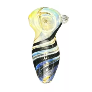 Handmade blue and clear glass bong with golden stem, curved base, and flute-shaped bowl with spiral pattern. Inhale hole at end of stem and packing hole at base.