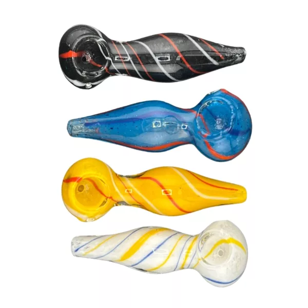 Five unique glass pipes with colorful swirl designs in blue, red, yellow, green, and purple, arranged in a row on a white background.