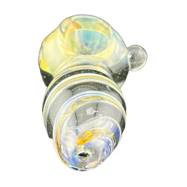 Handmade glass pipe with intricate blue, yellow, and white swirl design, ACHP74.