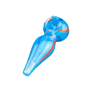 a blue and red glass pipe with a long, curved shape and a small, round base. The base is transparent and the neck is opaque. Perfect for smoking.