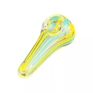 Curved glass pipe with yellow and blue stripes, part of 2.99HP V2 - ACHP101 collection.