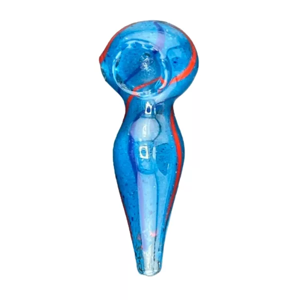 Glass bubbler with blue and red spiral design, round base, and clear stem. ACHP108.