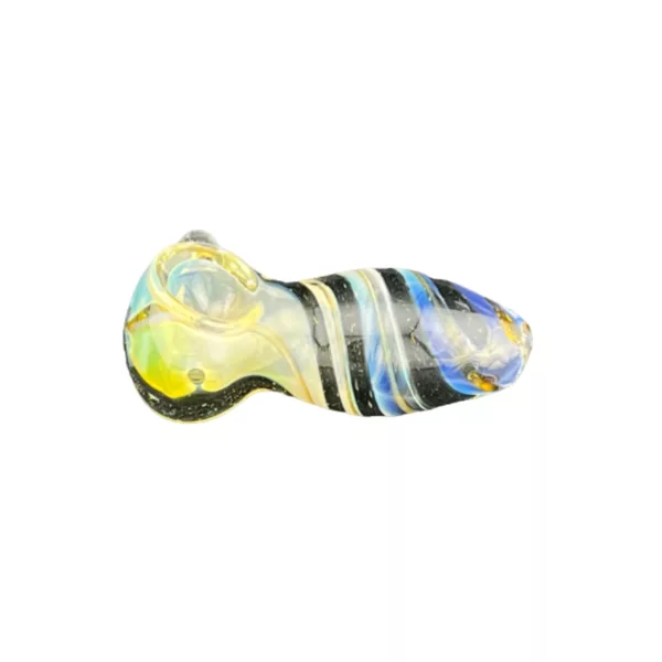 Modern glass pipe with blue and yellow swirl design, small bowl and long metal stem with knob. Sleek and stylish.