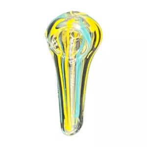 Two-bowl glass pipe with yellow and blue swirl design. ACHP101 available.