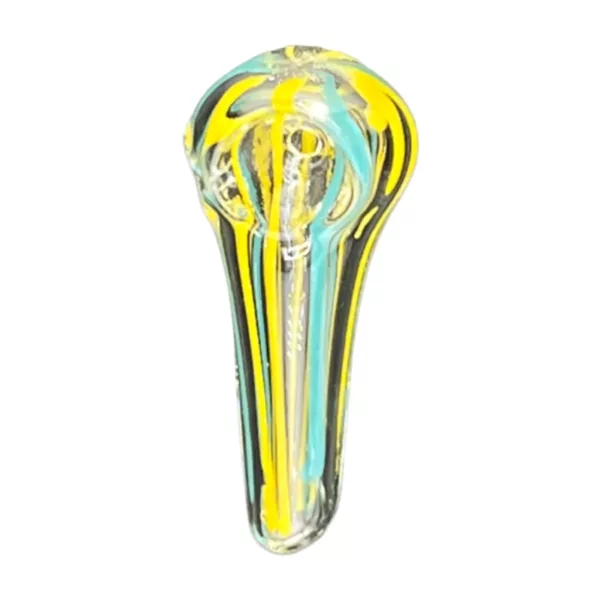 Two-bowl glass pipe with yellow and blue swirl design. ACHP101 available.