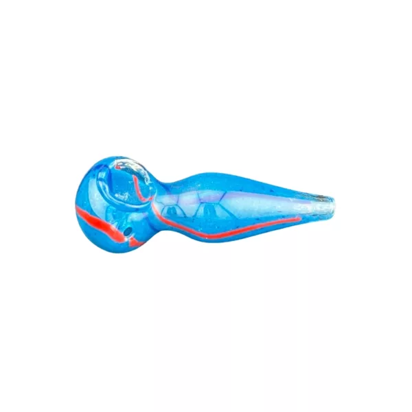 Blue and red glass pipe with spiral design on a white background. Small, round base and long, curved neck.