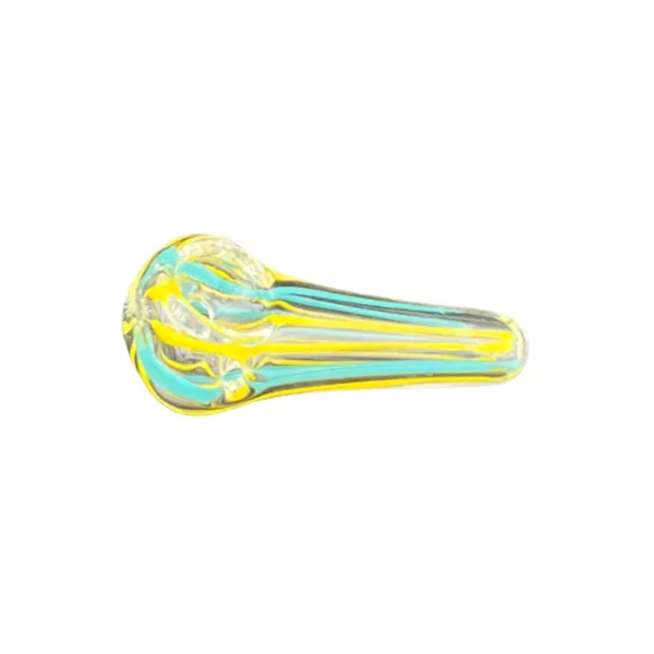 Curved glass pipe with yellow and blue stripes on clear background.