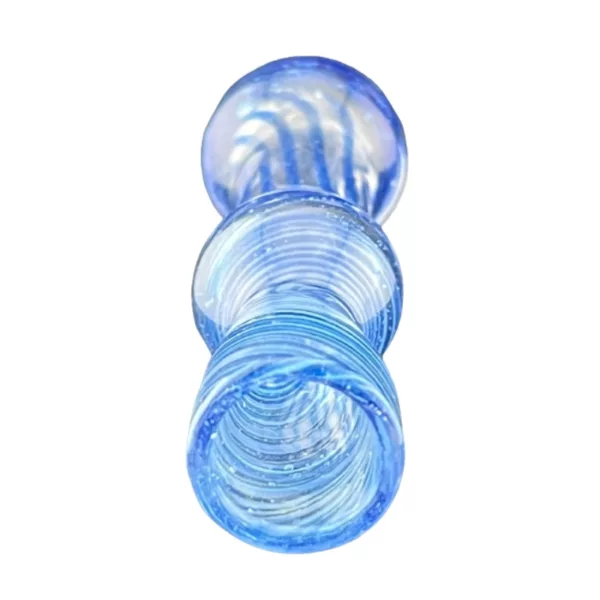 Twisted blue glass chillum with smooth, shiny surface and comfortable knurled grip on stem.