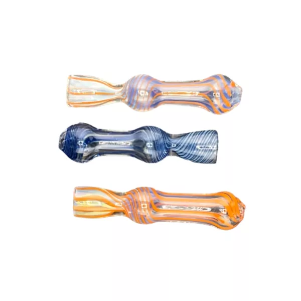 Handcrafted Bubbled Chillum in orange and blue, with a curved shape and metal straw holder. Perfect for a unique smoking experience. #RR715