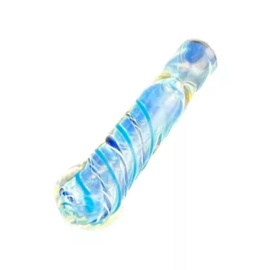 Blue and white striped glass pipe with small hole, perfect for smoking. Simple and stylish design.