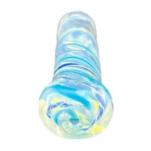 Handmade glass chillum with blue, green, and yellow stripes. Small bowl for tobacco and curved stem for inhaling smoke.
