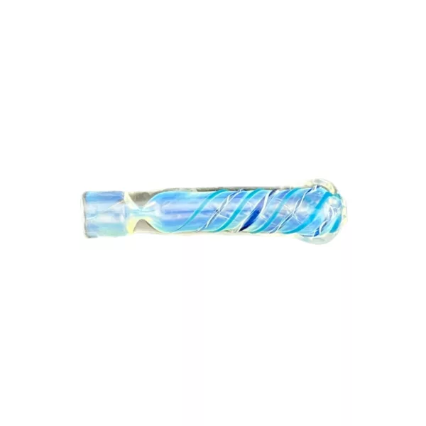 Blue and white striped chillum with swirl design and small top hole for stem. Curved shape. RRR707.