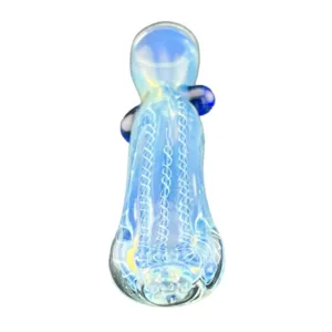 Glass chillum with clear, light blue and white design, small white dots, and thin clear ring at base. Small hole at top for smoking.
