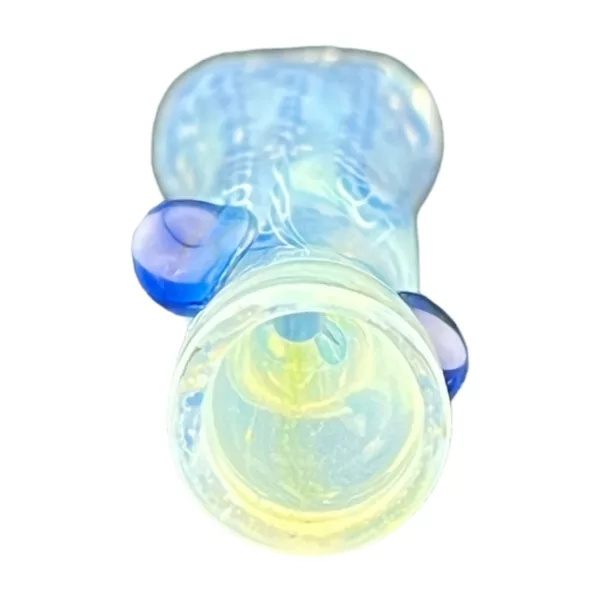 Blue and white striped chillum with yellow dots on a transparent glass body. Modern and minimalist design, well-made and durable.