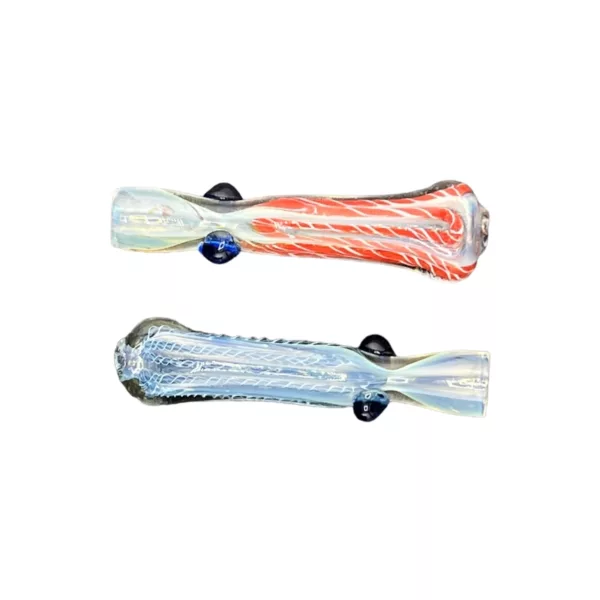 Colorful glass pipe with blue and red swirls, transparent, and handle. Tissue paper covers end to prevent debris. RRR702 Black Stripe W Blue Dots Chillum.