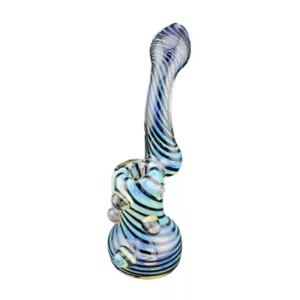 Glass pipe with zebra pattern and blue neck. Clear bowl with white dot ring. Sits on white background.