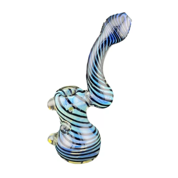 Twisted glass bubbler in zebra shape, made of clear glass with long spiral tube and smooth base. Gold fumed accents. #CCWPF121