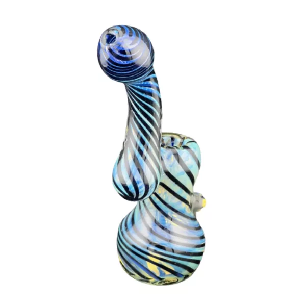 Unique, zebra-striped glass bubbler with gold fumed upper part and blue/silver spiral design on lower part.