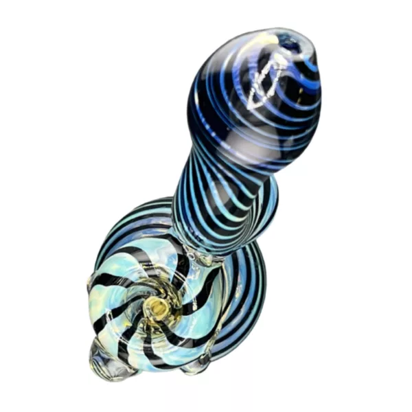 A blue and white striped glass bubbler with a circular base and mount on a white plastic stand.