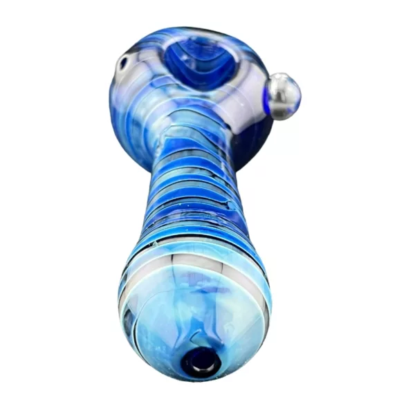 Shiny blue glass pipe with silver accents and small smoking hole, featuring a stripe design.