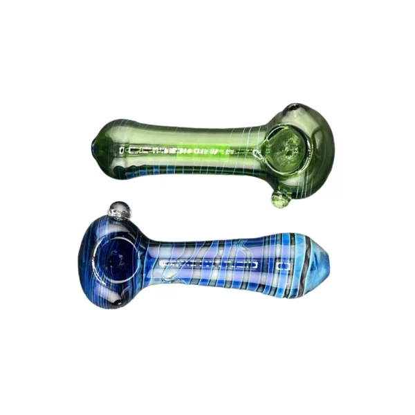Glass pipes with blue and green stripes on the outside and clear glass stem on the inside, listed on a smoking company website.