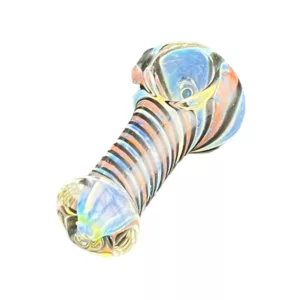 Multicolored swirly glass bong with large downstem, wide base, and small side handle. Clear and smooth surface. VSACHP58.