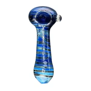 A stylish, curved glass pipe with a blue and white striped design and clear glass stem. Perfect for smoking enthusiasts.