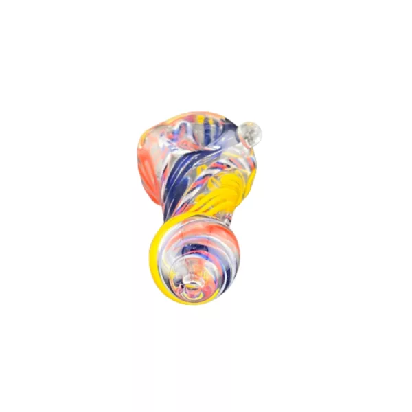 Handmade glass bead with colorful swirl design, perfect for jewelry or decoration.