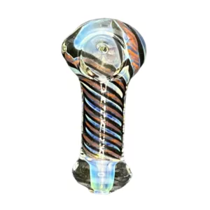 Handmade glass water pipe with black, orange, blue, and white swirl design. Long and slender shape with small, round base and bowl. Etched base design. Silver and black accents. VSACHP58.