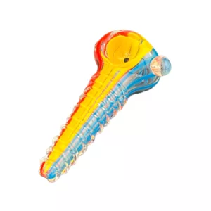 Colorful abstract glass pipe with blue, red, and yellow design. Sleek and modern appearance.