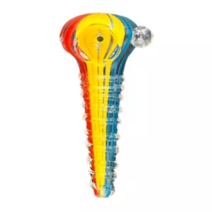 Unique, colorful glass art piece designed for smoking, featuring a rainbow-twisted shape and small hole at base.