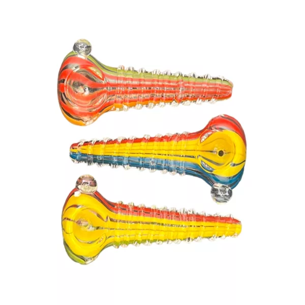 Multi-colored glass smoking pipes with twisted designs and rainbow pattern, sold as a set. Attachable for shared use.