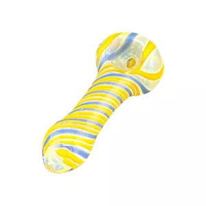 Yellow and blue striped glass pipe with curved tube shape and small hole for smoking.
