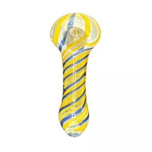 Yellow and blue striped glass pipe with blue stem and yellow bowl.