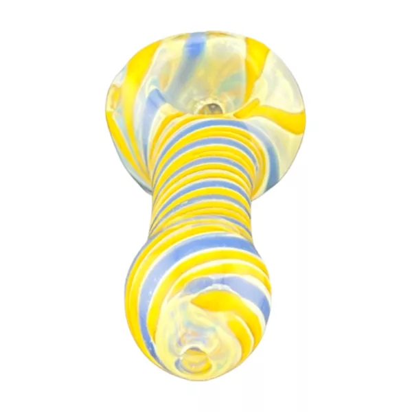 glass pipe with a yellow and blue swirled design, featuring two bowls connected by a thin stem. It is sitting on a white background.