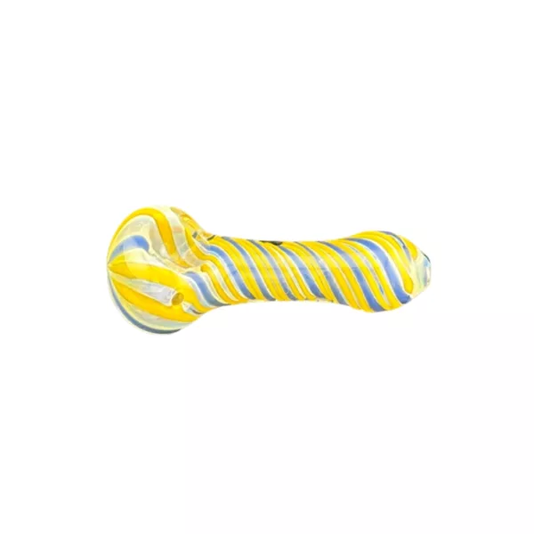 Yellow and blue striped glass hand pipe with white base, curved shape, clear glass, small hole at top.